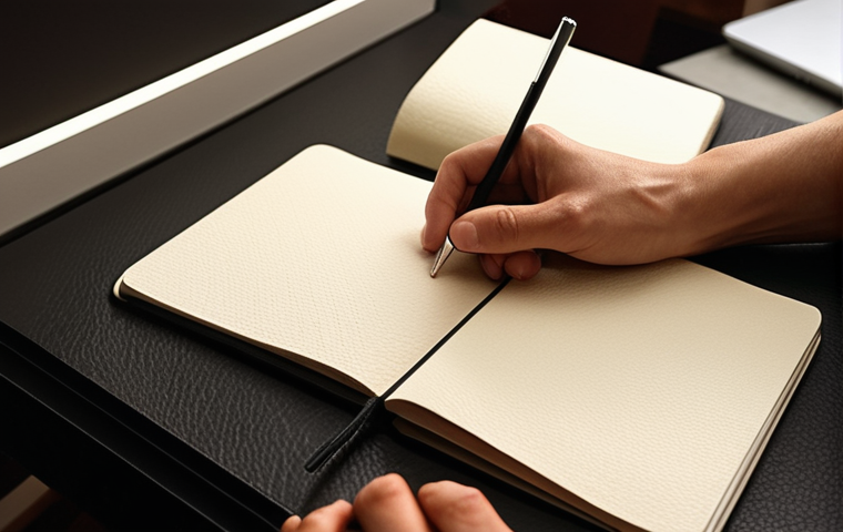 **
Close-up shot of hands gently touching a Moleskine notebook with a textured cover. Soft, diffused lighting. Focus on the tactile sensation of the materials. Italian setting: perhaps a stylish desk with Italian design elements in the background. Emphasis on evoking feelings of luxury and quality through the touch.
**