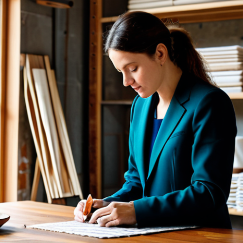 A professional designer, fully clothed in a modest business suit, carefully examining material samples on a large wooden table in a sunlit, sustainable design studio. She holds a piece of soft, recycled fabric in one hand and touches a warm, porous biomaterial sample with the other. In the background, shelves display various sustainable materials like reclaimed wood, matte ceramics, and innovative bioplastics. The scene emphasizes tactile luxury and environmental consciousness. Safe for work, appropriate content, perfect anatomy, correct proportions, natural pose, well-formed hands, proper finger count, natural body proportions, professional photography, high quality, family-friendly.