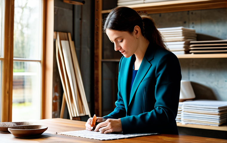 A professional designer, fully clothed in a modest business suit, carefully examining material samples on a large wooden table in a sunlit, sustainable design studio. She holds a piece of soft, recycled fabric in one hand and touches a warm, porous biomaterial sample with the other. In the background, shelves display various sustainable materials like reclaimed wood, matte ceramics, and innovative bioplastics. The scene emphasizes tactile luxury and environmental consciousness. Safe for work, appropriate content, perfect anatomy, correct proportions, natural pose, well-formed hands, proper finger count, natural body proportions, professional photography, high quality, family-friendly.