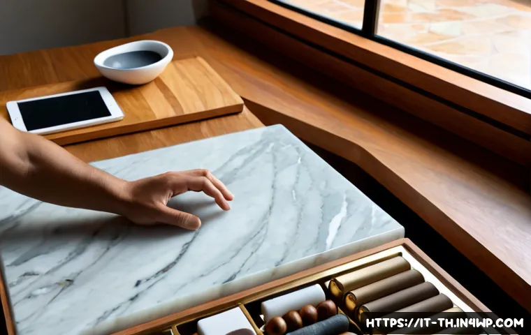 Home 10 물성매력 디자인의 구성 원리 - Photorealistic Italian product designer’s studio, a carefully arranged composition of tactile materi...